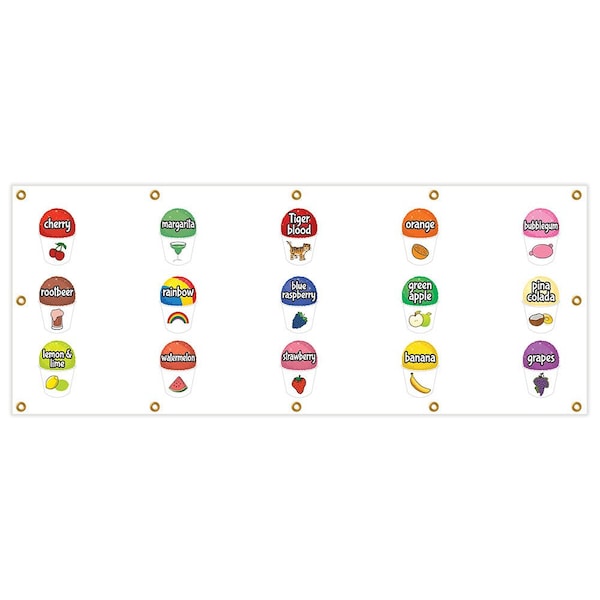 15 Flavors Snow Cone Banner Heavy Duty 13 Oz Vinyl with Grommets